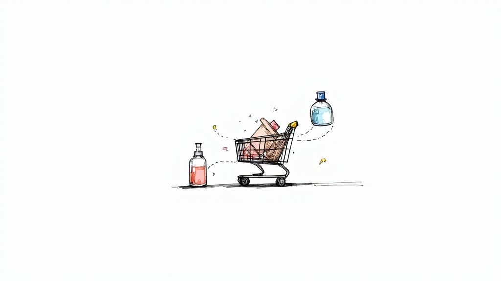 A Shopify cart drawer showing a main product with smaller, complementary cross-sell items offered below it.