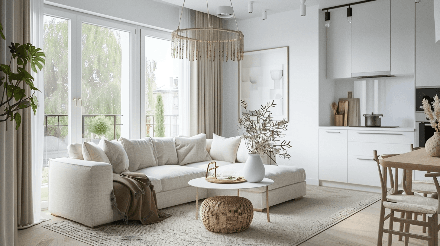 A cozy living room with beige walls, a Scandinavian-style sofa, a wooden coffee table, and minimalistic decor, featuring natural light from large windows.