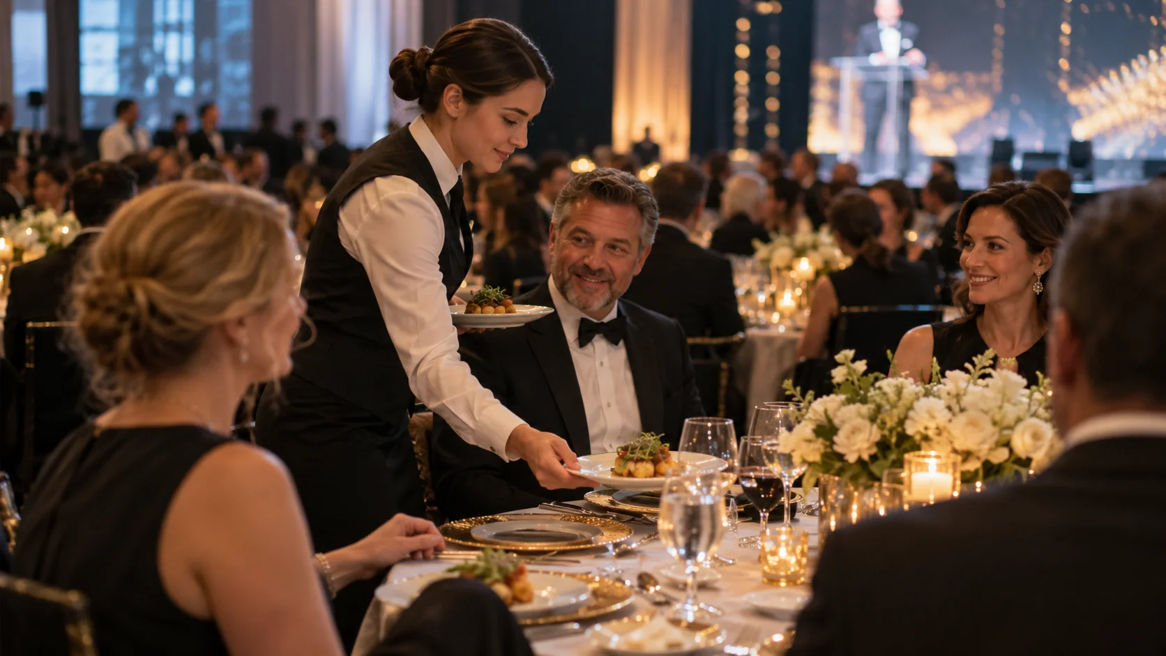 Profissional serve refeição a convidados durante jantar de premiação corporativa.