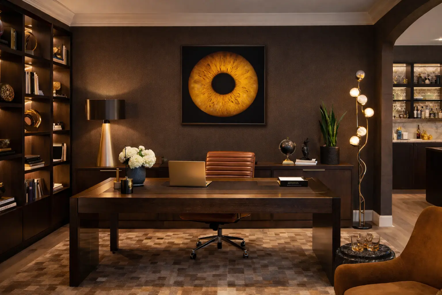 office with large iris photograph