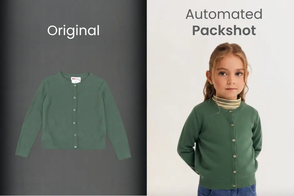 A side-by-side comparison of a garment: on the left, a raw industrial photo captured by the Trosort sorting machine; on the right, the same item automatically processed into a high-quality, professional packshot for e-commerce.