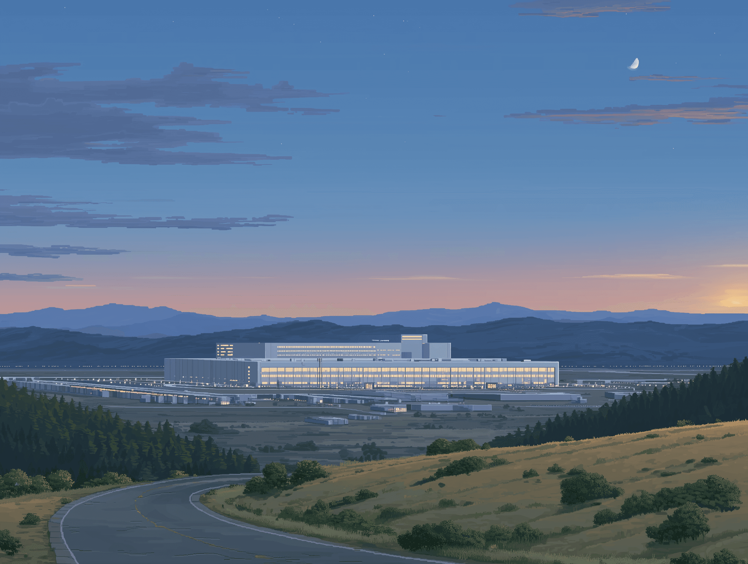 Pixel art of a large warehouse in the middle of hilly plains.