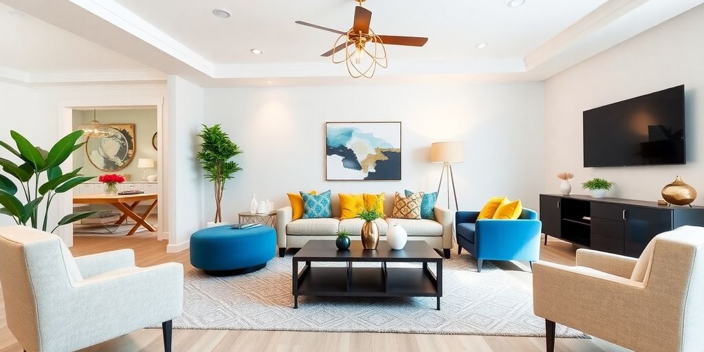 AI virtual staging of a bright, modern living room.