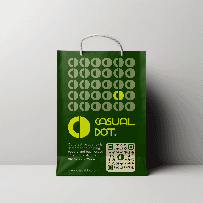 Green Casual Dot shopping bag with white handle, logo, and QR code, perfect for carrying items or promoting a brand.