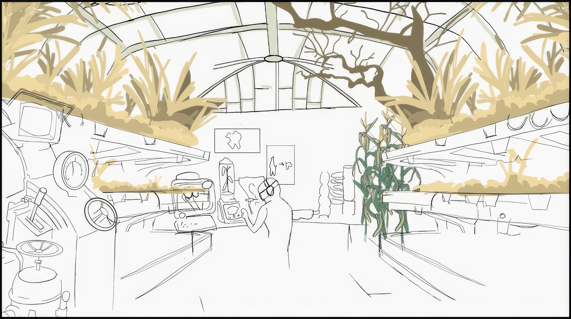 An early sketch of the player's lab, a home base where each mission begins and new discoveries drive the narrative forward.