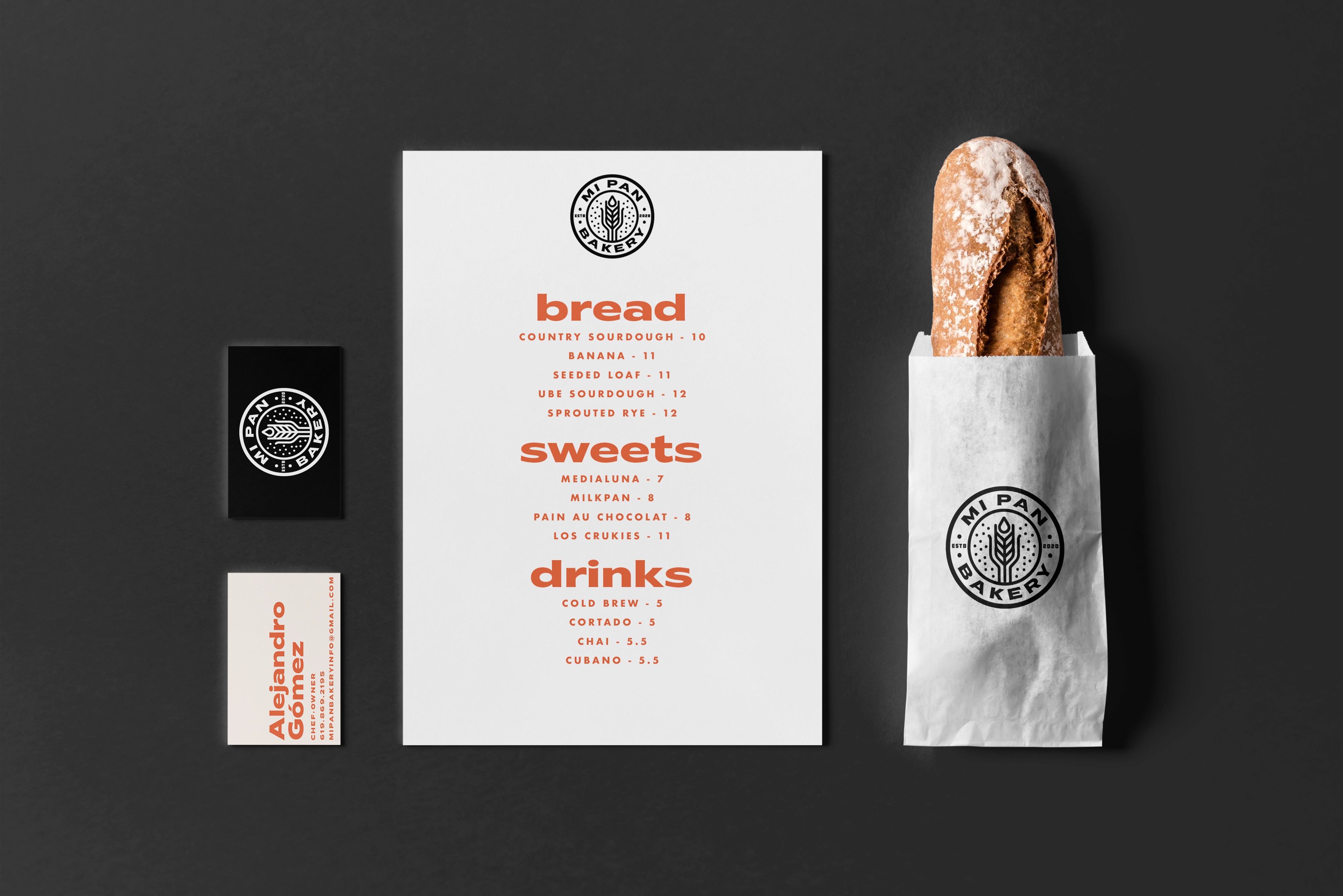 Mi Pan Bakery menu and bread packaging layout