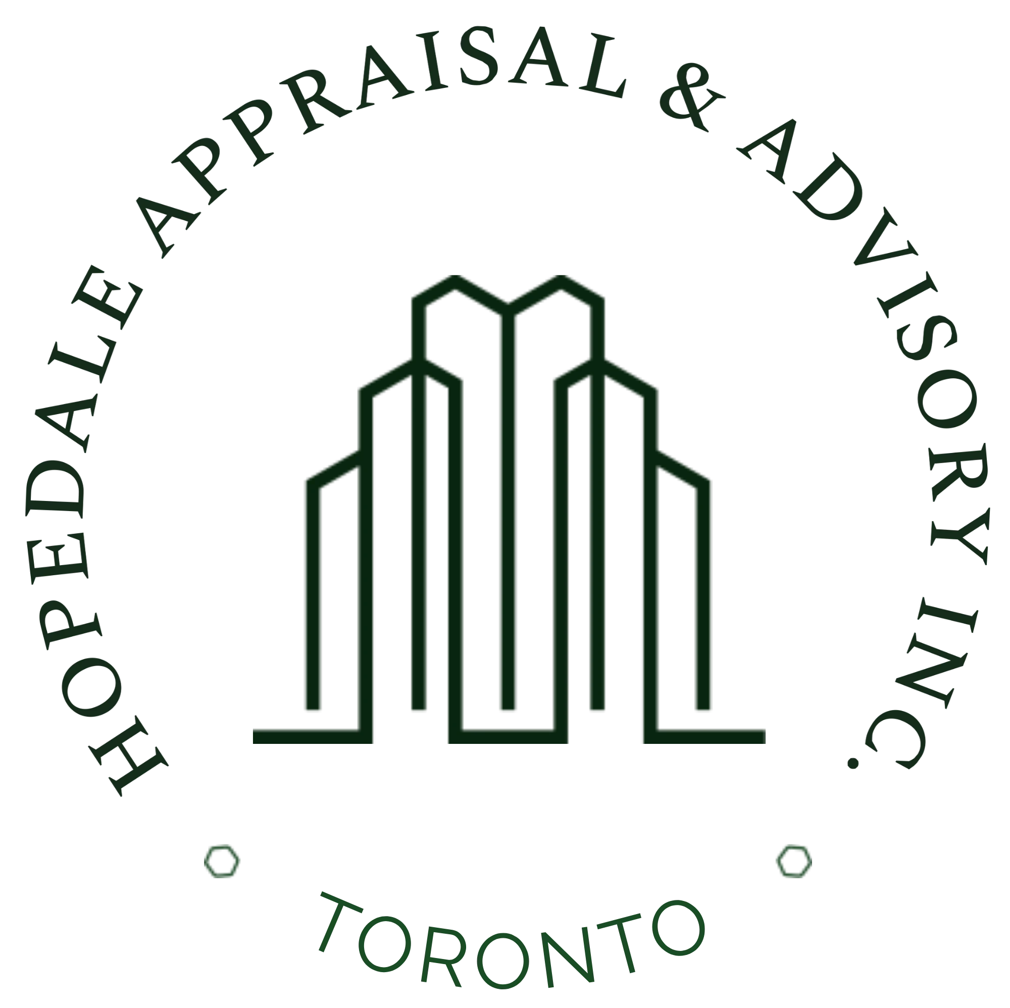 A circular logo for Hopedale Appraisal & Advisory Inc. features a stylized line drawing of a building at the center, encircled by the company name and the word "Toronto" at the bottom.