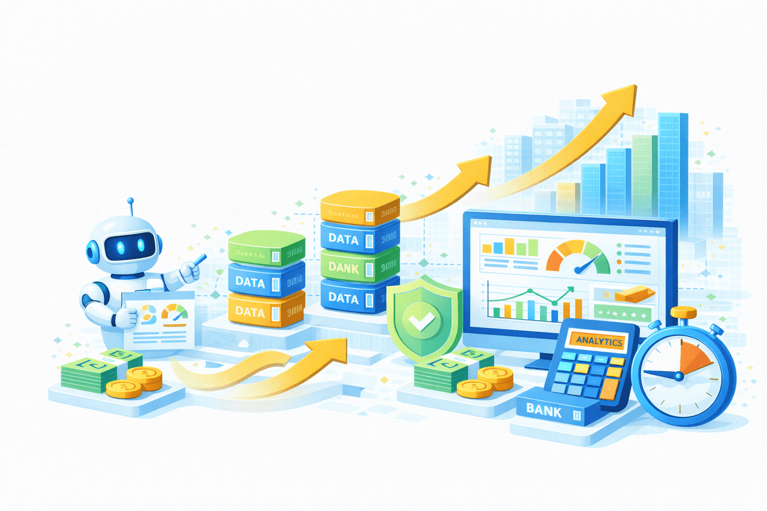 Ilustrasi AI‑powered data analytics & banking performance growth. Di sisi kiri, AI/robot assistant menunjuk laporan analitik di samping tumpukan data blocks (DATA/BANK/DATA) dan uang/koin, menandakan pengolahan data finansial. Panah alur hijau–kuning menunjukkan aliran data dan nilai menuju pusat.  Di tengah–kanan, dashboard analitik pada monitor menampilkan grafik batang, tren garis, dan risk/performance gauge dengan status tervalidasi (ikon centang). Di depan monitor terdapat perisai hijau (keamanan & kepatuhan). Di kanan bawah, kalkulator bertuliskan “ANALYTICS”, label BANK, dan stopwatch melambangkan perhitungan, konteks perbankan, dan efisiensi waktu. Panah besar ke atas dengan latar gedung kota menggambarkan pertumbuhan kinerja dan nilai bisnis yang didorong analitik AI secara aman dan terintegrasi.