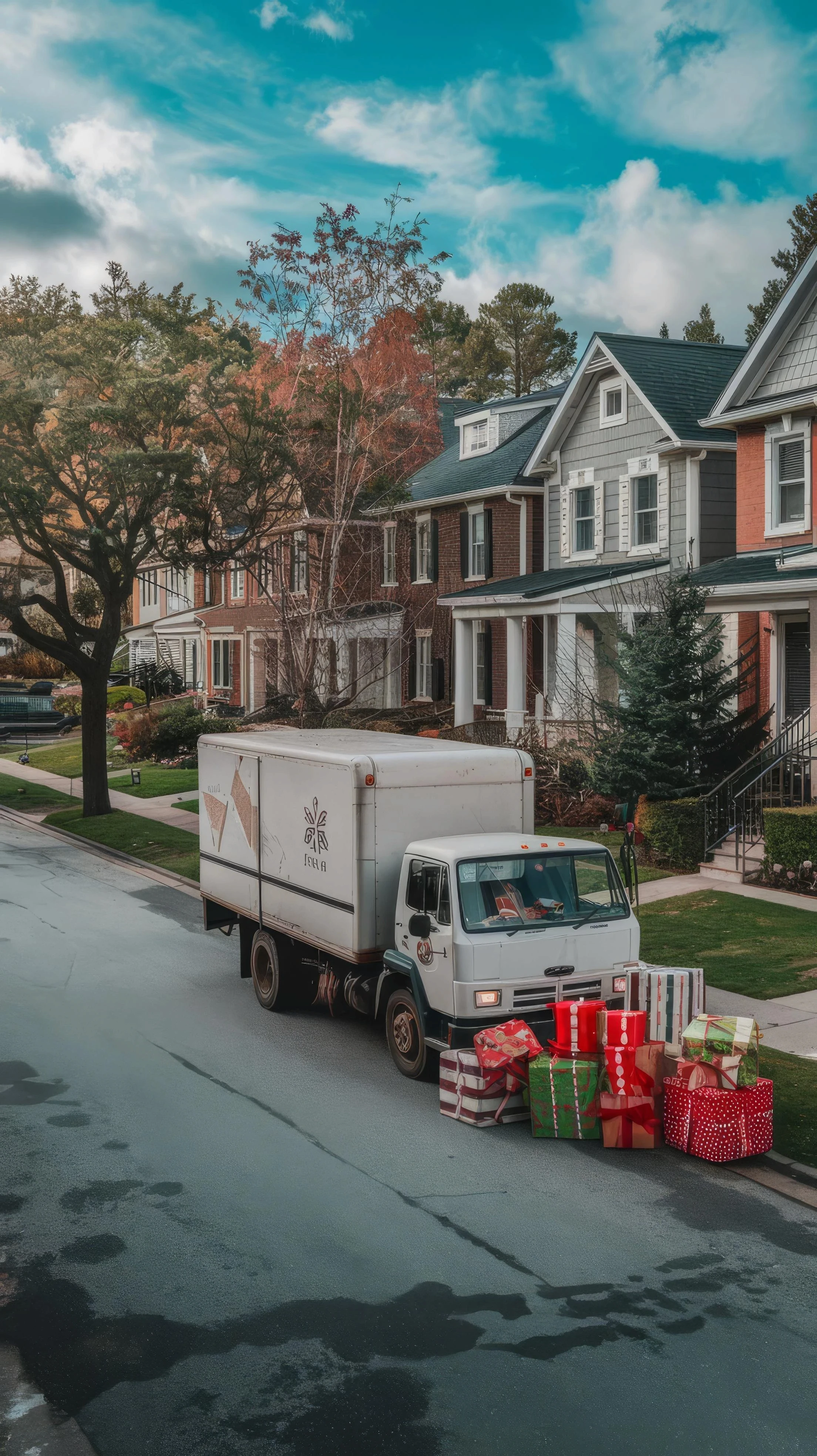 White relocation box truck parked on a residential street in front of townhouse buildings.