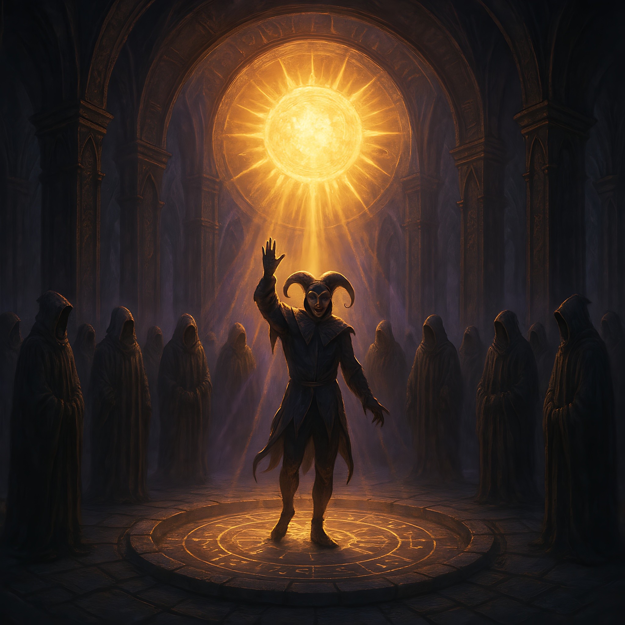Silhouette in golden portal with raised arms - symbol of transformation and enlightenment