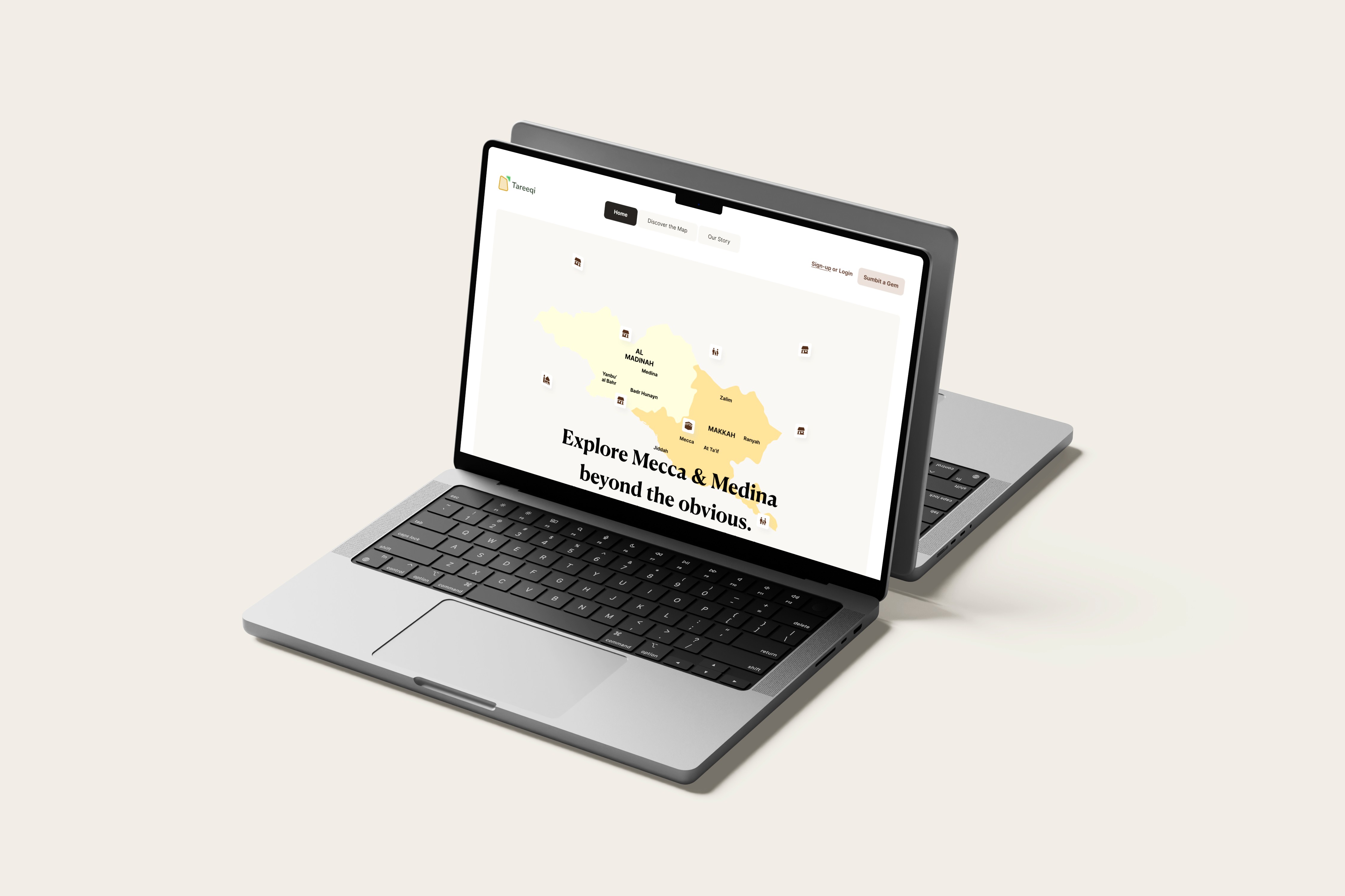Laptop showing an interactive digital map of Mecca and Medina on a light beige background, designed to guide pilgrims through key locations.