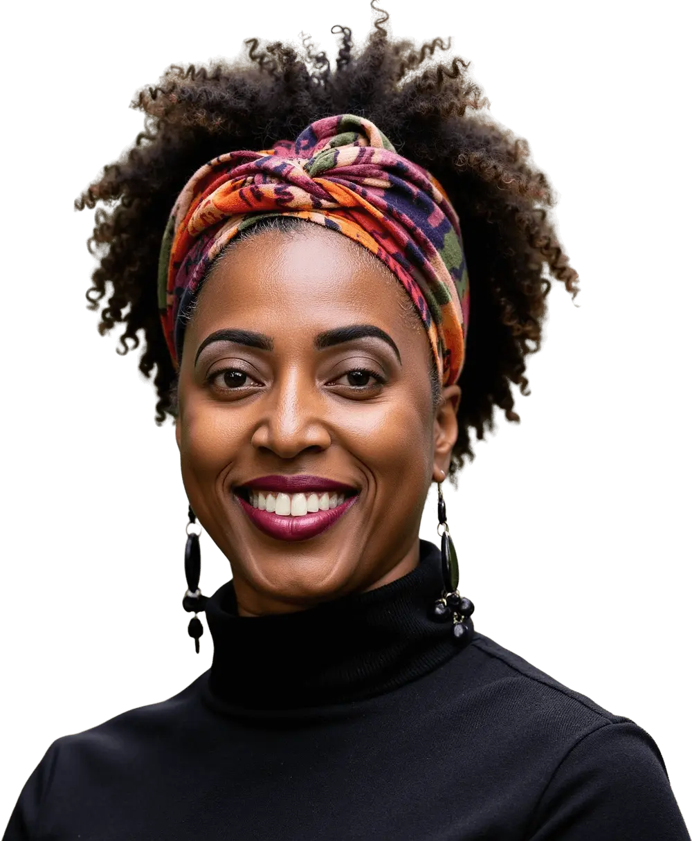 Smiling woman with natural hair and colorful headband wearing a black turtleneck.