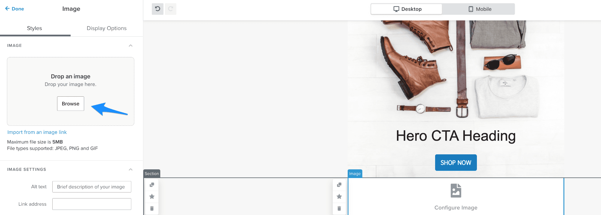 1 Make Back-in-Stock Emails Personal.png: Klaviyo email builder interface showing an image upload section with an arrow pointing to the ‘Browse’ button.