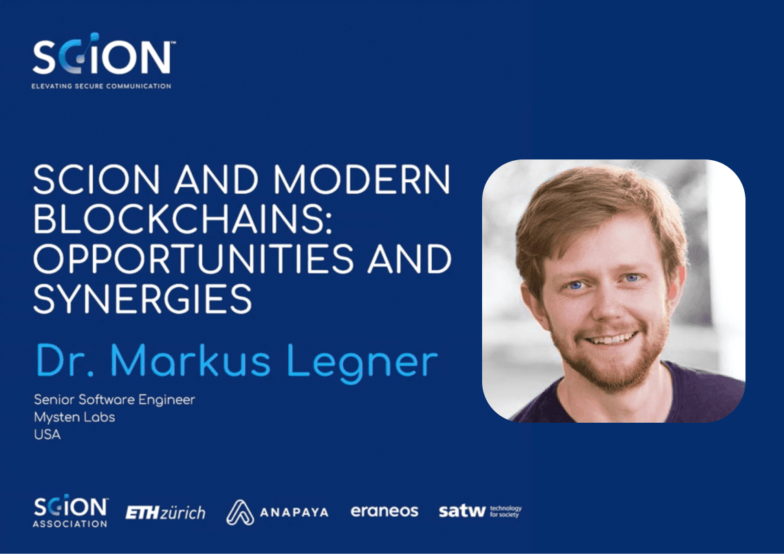 Presentation slide titled "SCION and Modern Blockchains: Opportunities and Synergies" featuring a headshot of Dr. Morkus Legner, with company logos along the bottom against a dark blue background.