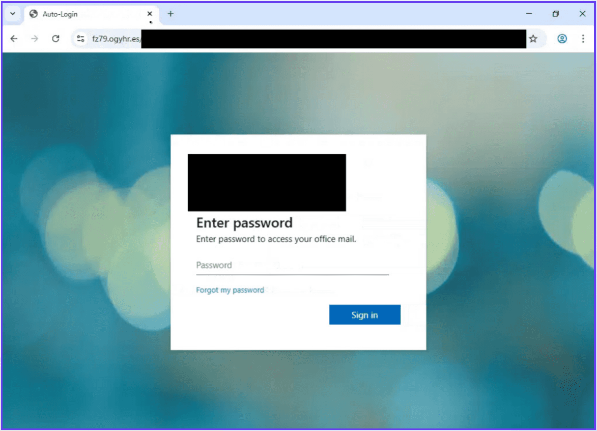 Screenshot einer Tycoon-2FA-Phishing-Seite in einem Browser-Tab mit dem Titel „Auto-Login“: ein gefälschtes Anmeldefeld im Microsoft-Stil mit dem Text „Enter password – Enter password to access your office mail“, einem Passwortfeld, dem Link „Forgot my password“ und einer Schaltfläche „Sign in“ über einem unscharfen Hintergrund. Die vollständige URL und das Logo sind unkenntlich gemacht.