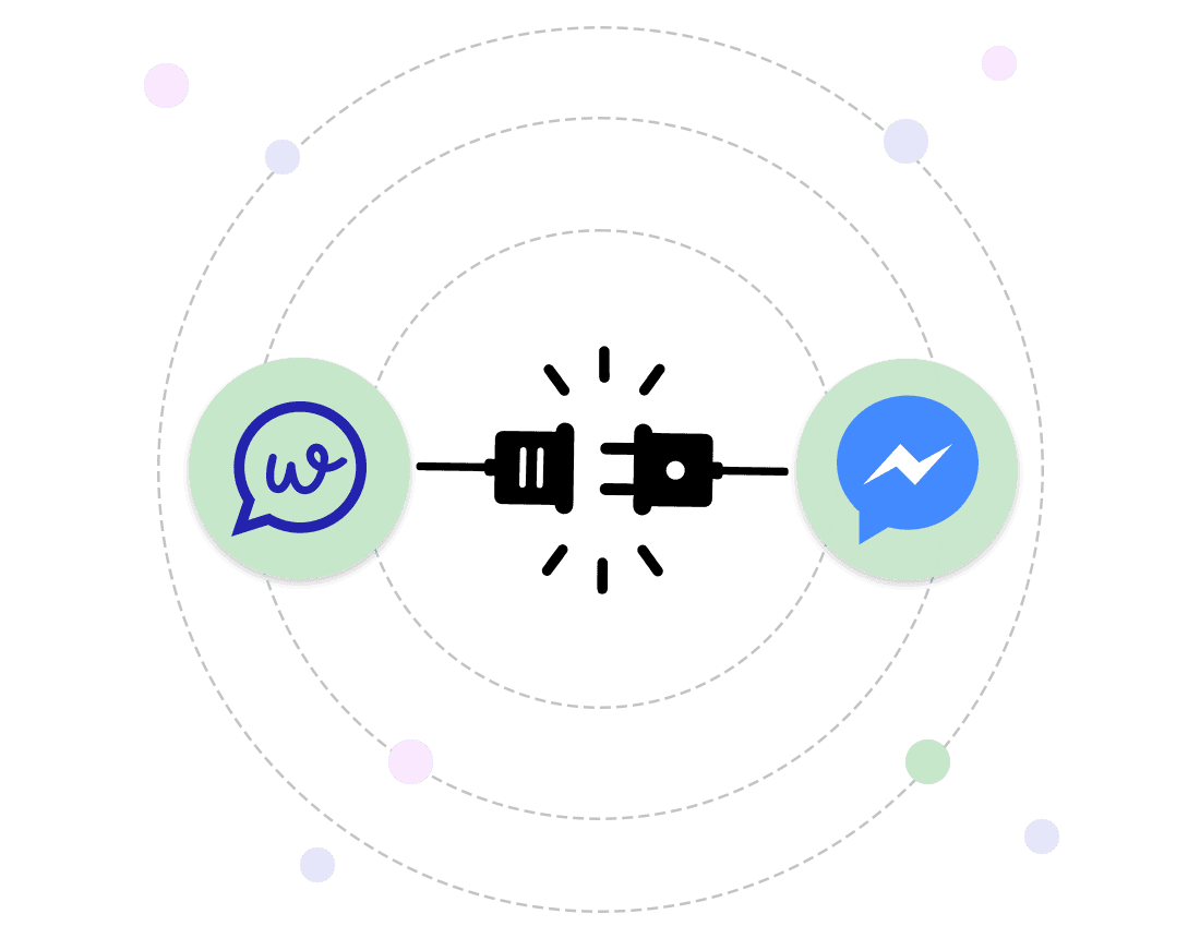 Illustration showing Wapiio logo with messenger logo via a plug connection, symbolizing seamless connectivity and automation for business communication.