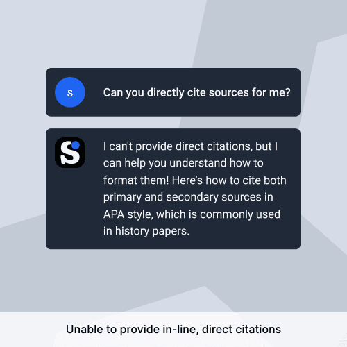 A conversation with SchoolAI's chatbot, which tells the student it "can't provdie direct citations."