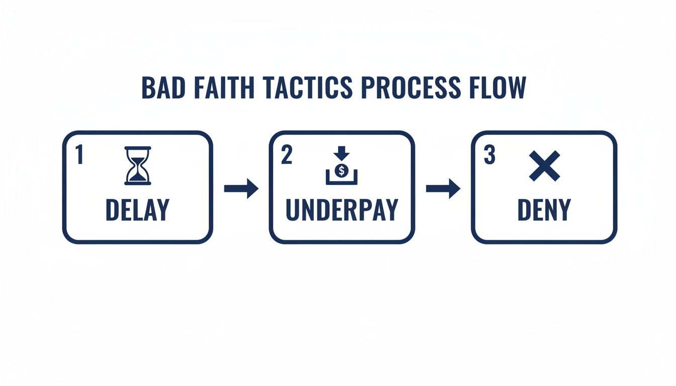 A process flow diagram illustrates bad faith tactics: delay with an hourglass, underpay with money, and deny with an X.