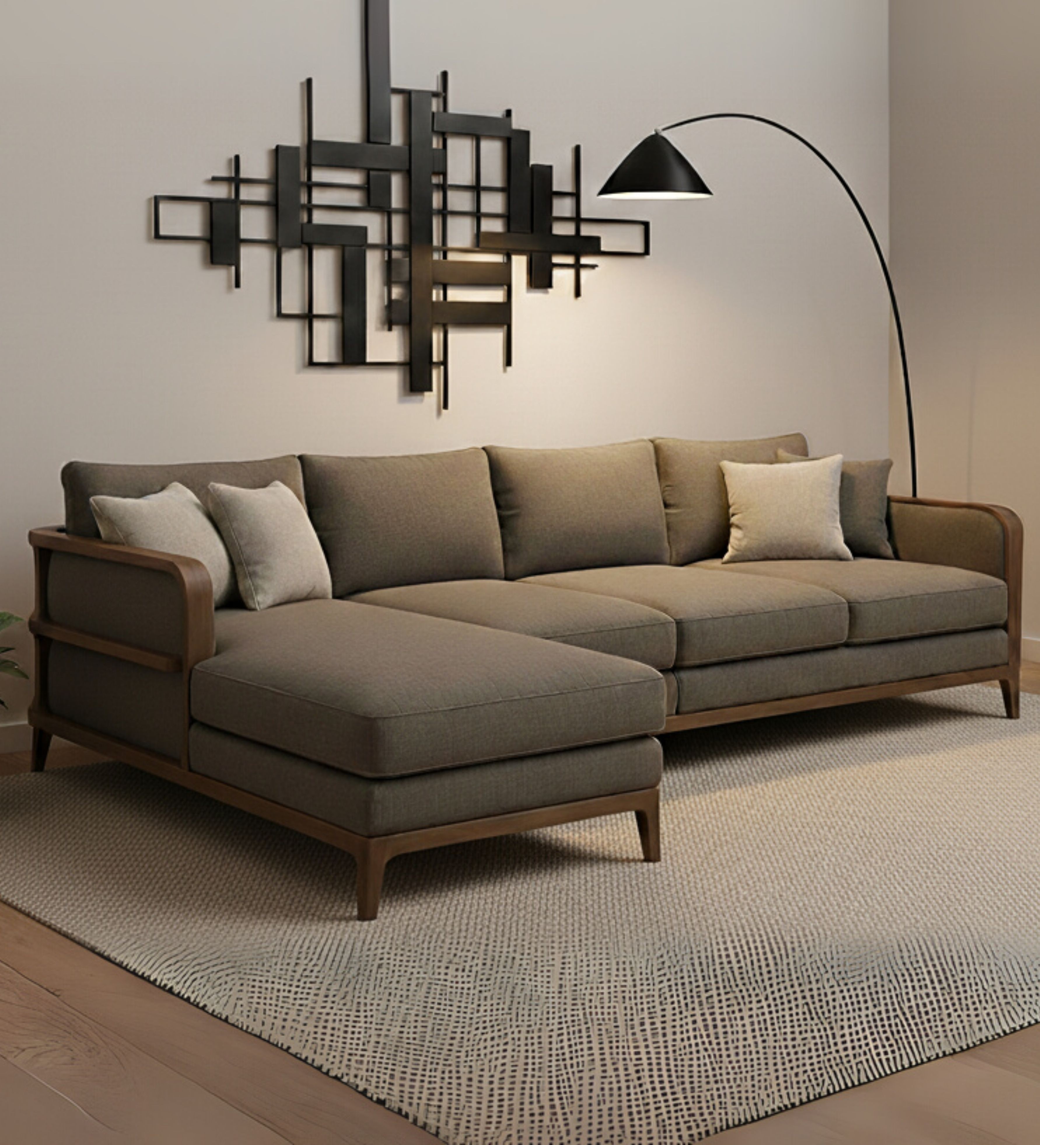 Warm‑toned chaise sofa with structured cushions and mid‑century influence