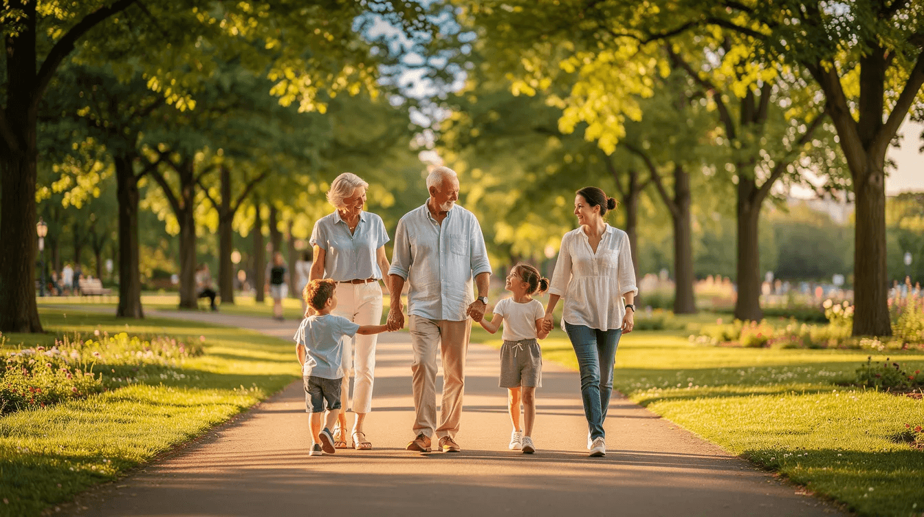 A multi-generational family is walking together along a sunlit park pathway, symbolizing strong family relationships and support as they enjoy time outdoors. The scene reflects the importance of family members working together, potentially discussing plans for a family business or new venture.