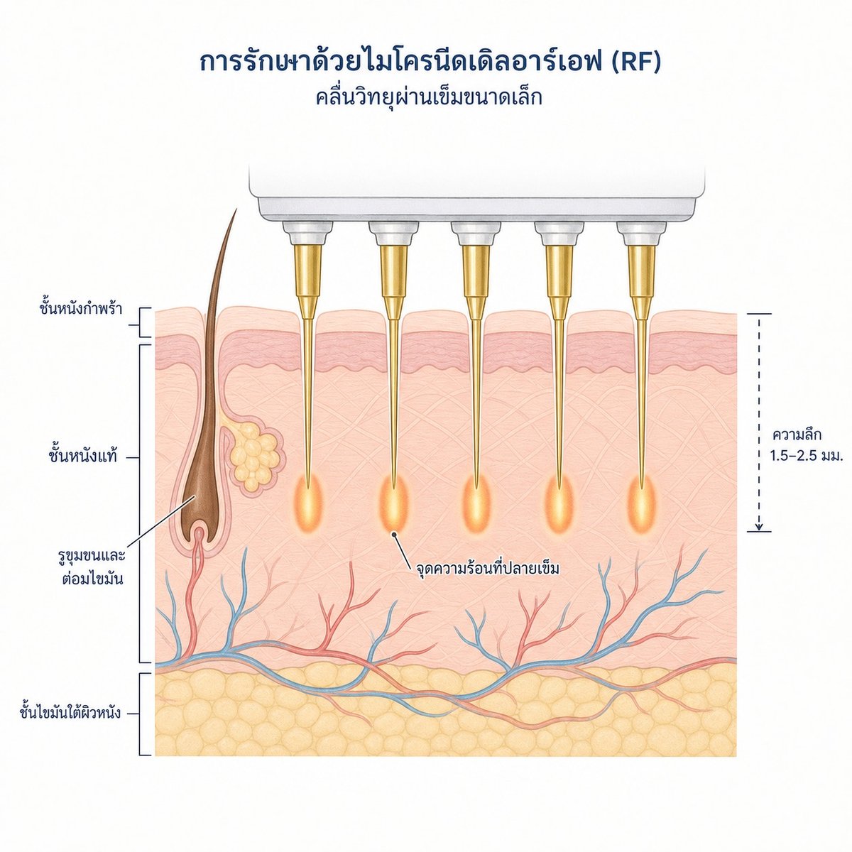 ภาพตัดขวางของผิวแสดงเข็มไมโครที่ผ่านชั้นหนังกำพร้าลงสู่ชั้นหนังแท้ พร้อมจุดความร้อนที่ปลายเข็มและรูขุมขนที่อยู่ข้างเคียง