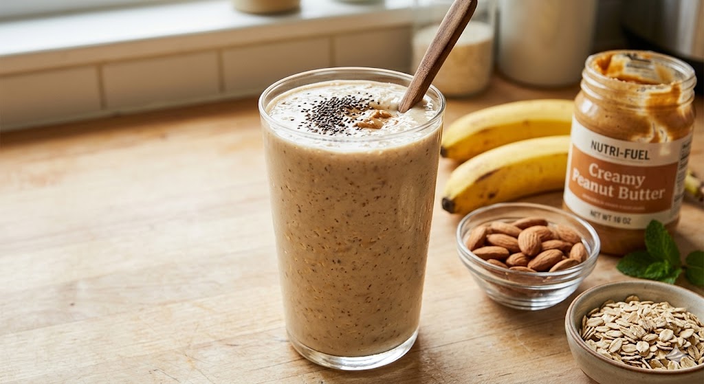 Overhead photograph of a thick and creamy banana peanut butter smoothie in a tall glass, topped with chia seeds. A wooden spoon is in the glass, with whole bananas, a jar of 'Nutri-Fuel Creamy Peanut Butter', a bowl of almonds, and oats arranged around it on a rustic wooden table.