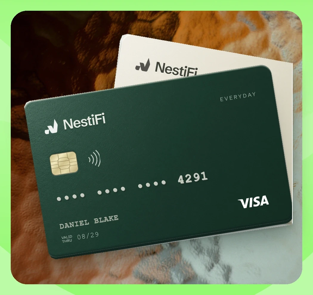 The genuine NestiFi demonstration card artwork, shown on a photographic background