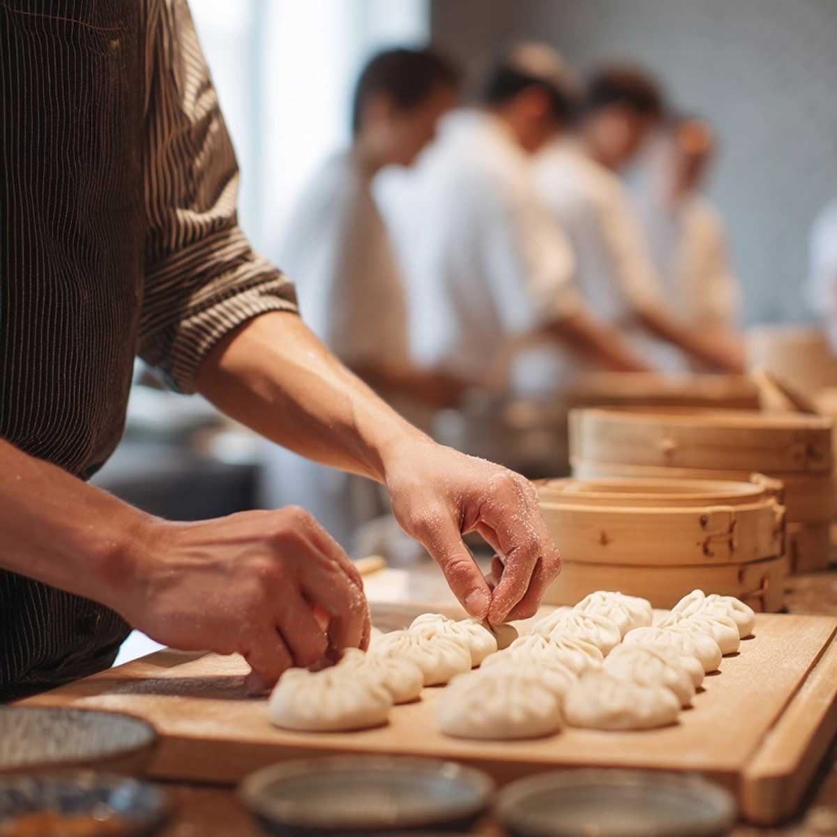 Chef hand-folding fresh dumplings in a busy kitchen, with bamboo steamers and other cooks working in the background.