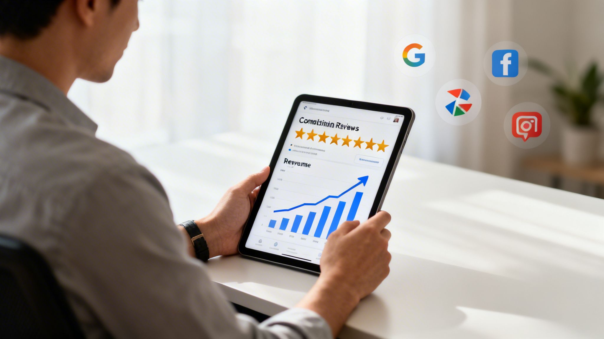 A person holds a tablet showing customer reviews and a revenue growth graph, surrounded by popular review platform logos.