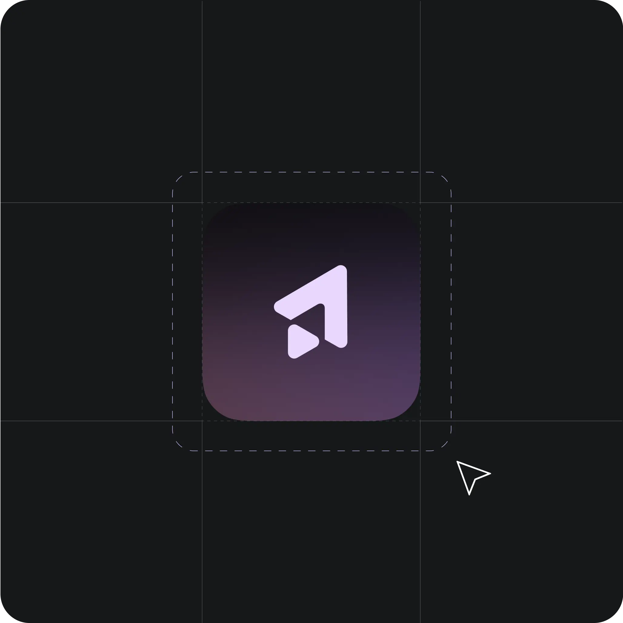 Design layout for a digital app icon featuring a modern, abstract logo with a white geometric shape resembling an arrow or play button on a purple gradient background. The icon is enclosed within a dashed outline indicating the boundaries for design adjustments. A mouse cursor is visible near the bottom right, suggesting ongoing design work or editing.