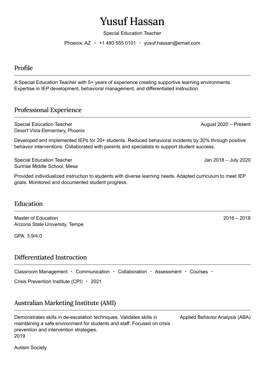 Special education teacher resume example