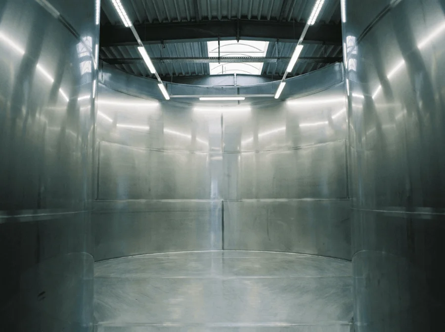 Blick in das Innere eines riesigen, sauber gereinigten Edelstahltanks mit hellen, stark reflektierenden Metallwänden und Deckenleuchten.