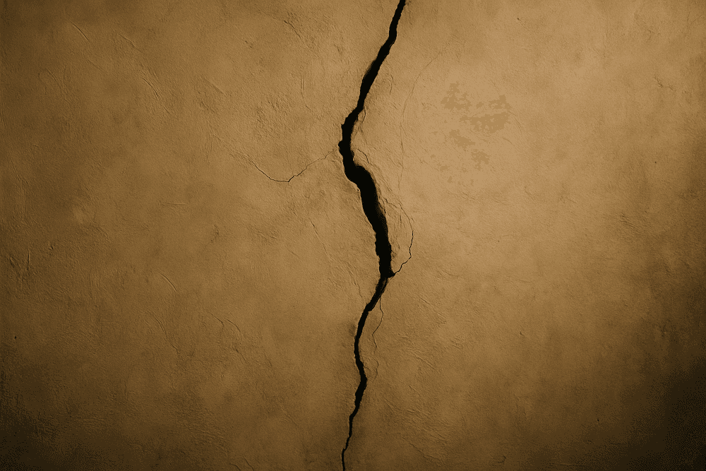A close-up, softly lit section of an old interior wall with a single thin crack running across its surface. The light is warm and natural, revealing subtle texture in the plaster. The scene feels quiet, understated, and symbolic—suggesting hidden fractures beneath a seemingly solid exterior.