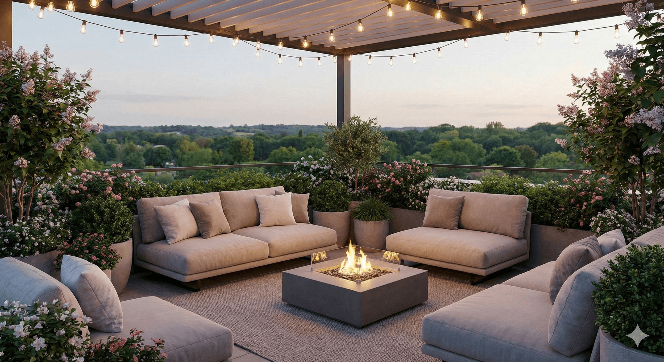 Private rooftop terrace garden with comfortable seating and greenery for luxury floors on Golf Course Extension Road