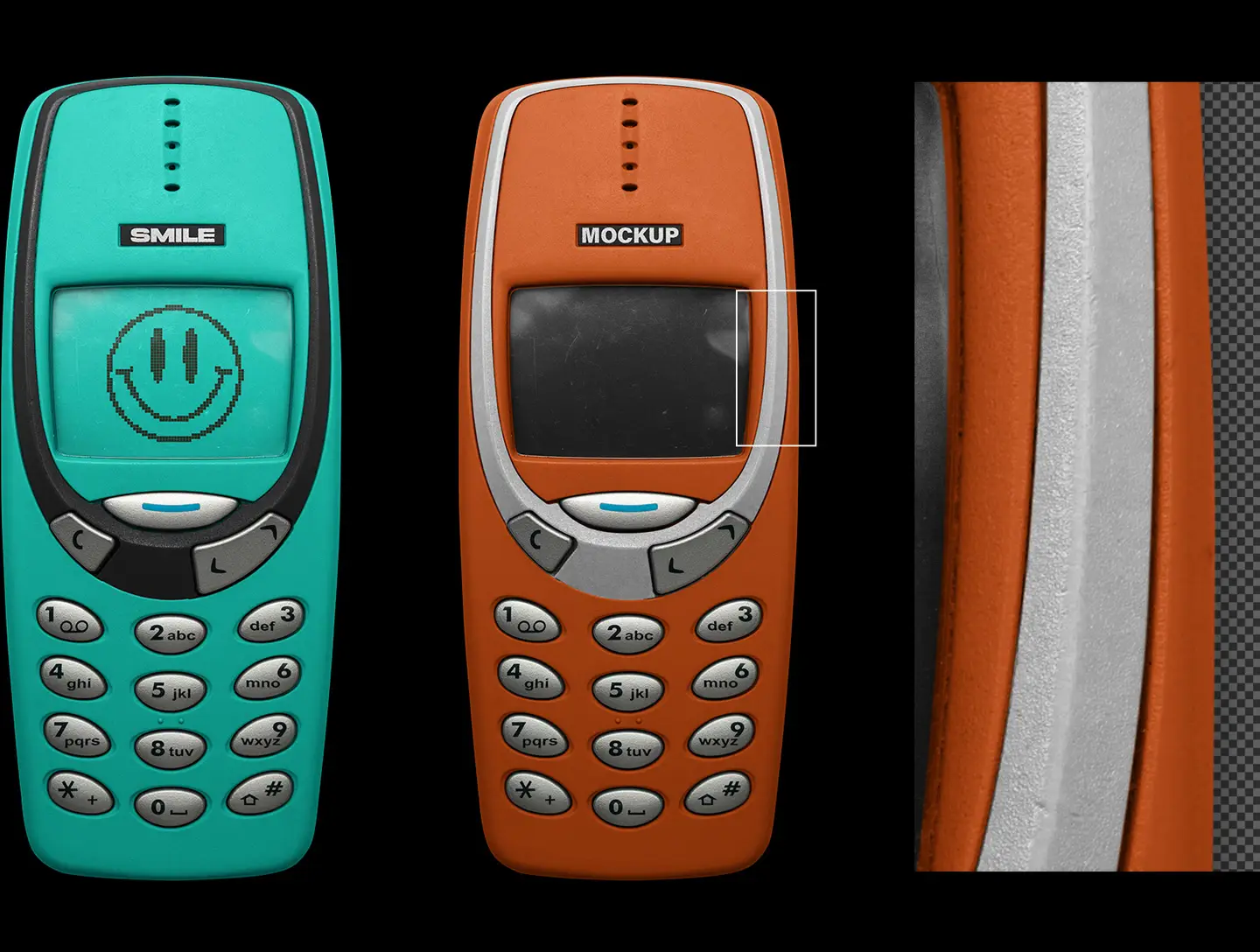 Iconic mobile phone mockup showing realistic device texture and retro plastic detail