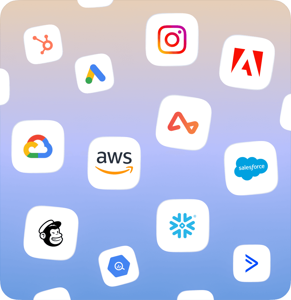 Logotipos de las integraciones clave disponibles en Bird, incluyendo HubSpot, Google Ads, Instagram, Adobe, Google Cloud, AWS, Salesforce, Mailchimp, Snowflake y ActiveCampaign.