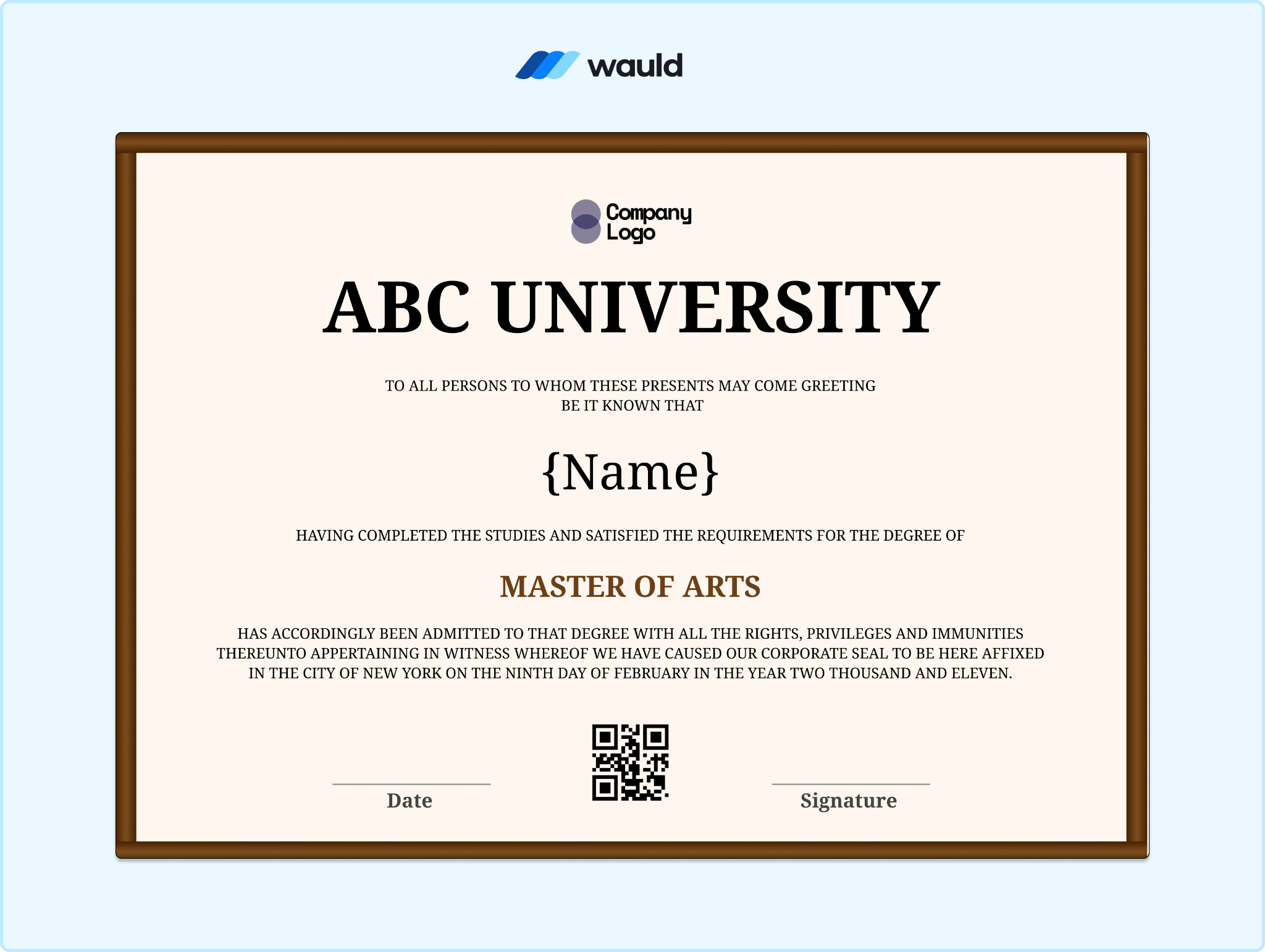 ABC University certificate template with rustic brown border