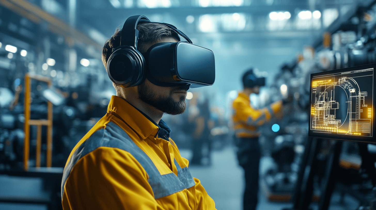 Industrial workers wearing VR headsets participating in a synchronized virtual simulation for emergency shutdown and hazard response training