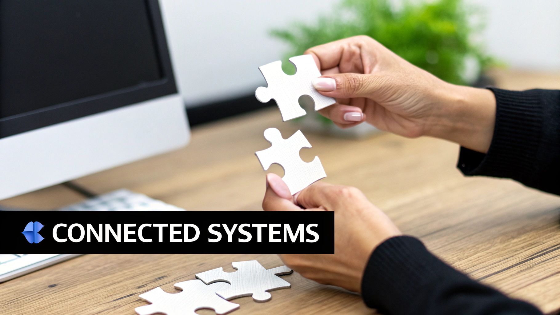 Two hands are about to connect two white puzzle pieces, symbolizing connected systems and integration.