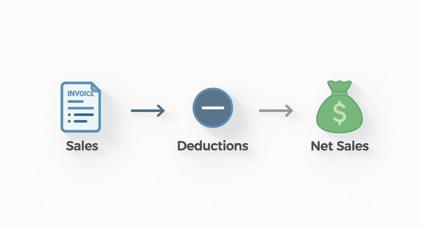 A flowchart showing 'Sales' (invoice icon) minus 'Deductions' (minus sign icon) equals 'Net Sales' (money bag icon).