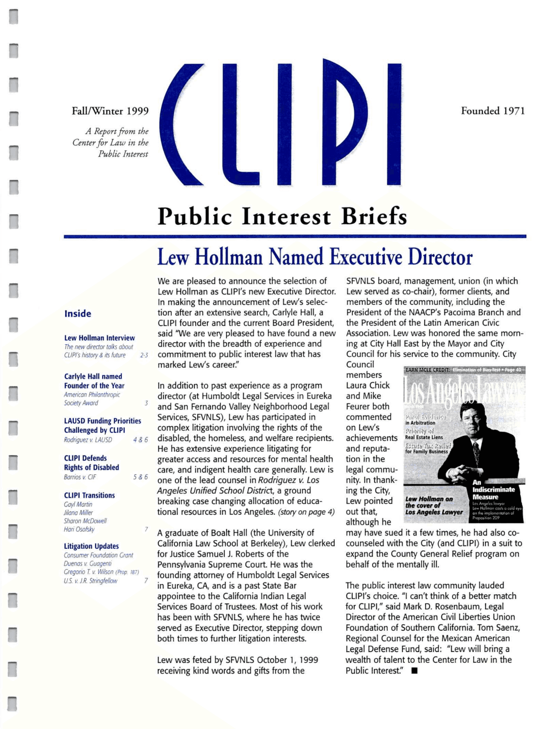 Cover of Center for Law In The Public Interest's Quarterly Report, Fall/Winter 1999 Edition Public Interest Briefs