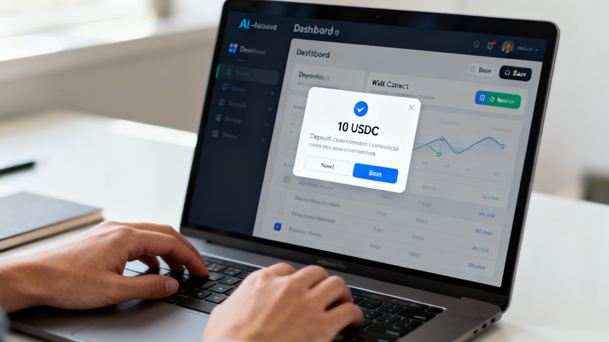 Person typing on a laptop, viewing a cryptocurrency dashboard with a 10 USDC deposit confirmation modal.