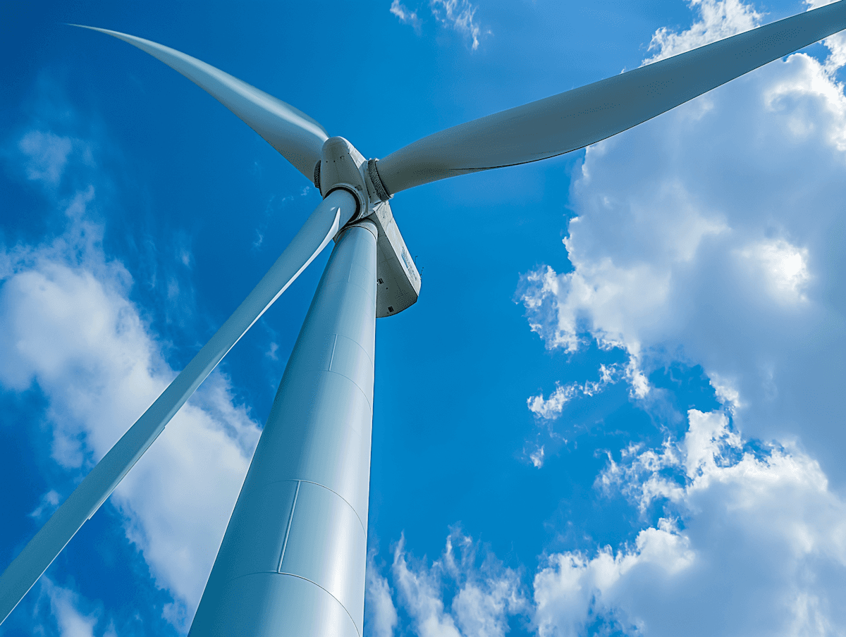 Wind turbine viewed from below against a blue sky, symbolizing clean energy and climate data.