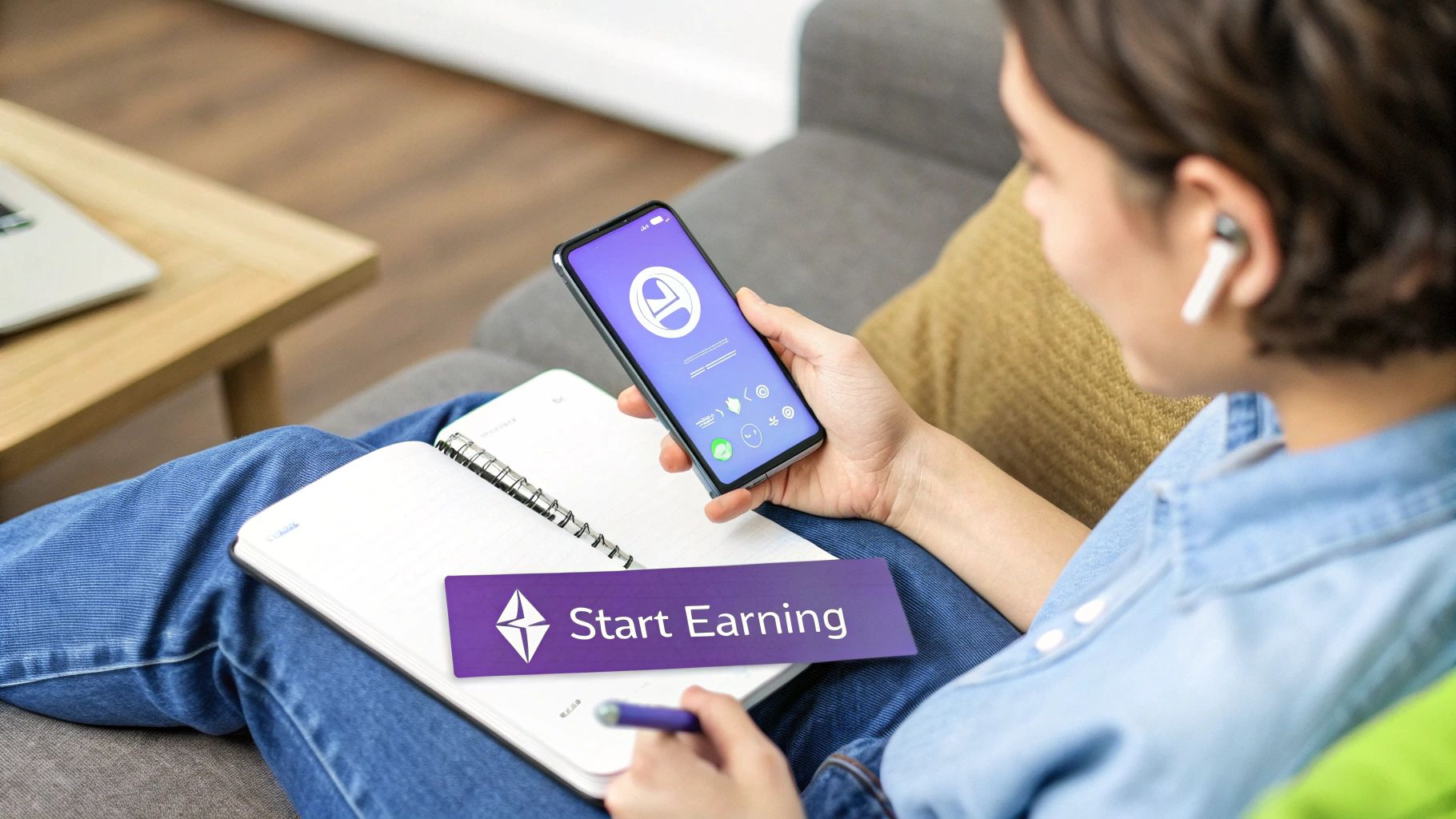 Person holding a smartphone with an earning app, 'Start Earning' banner on a notebook.