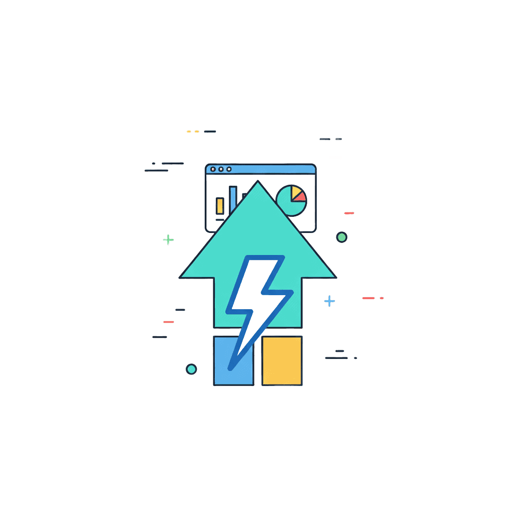 Performance Optimization icon showing a large upward-pointing arrow with a lightning bolt, representing speed and growth, with a data dashboard floating behind it.