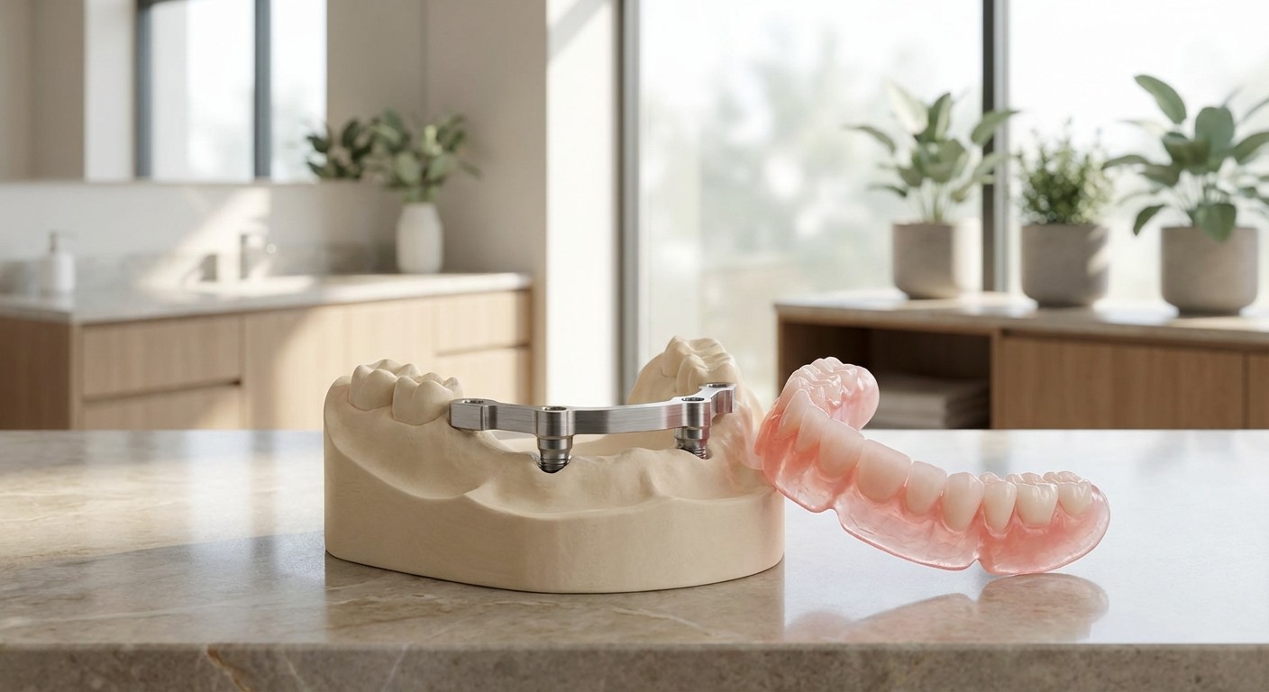 Implant-supported denture components on a dental model in a modern upscale dental office