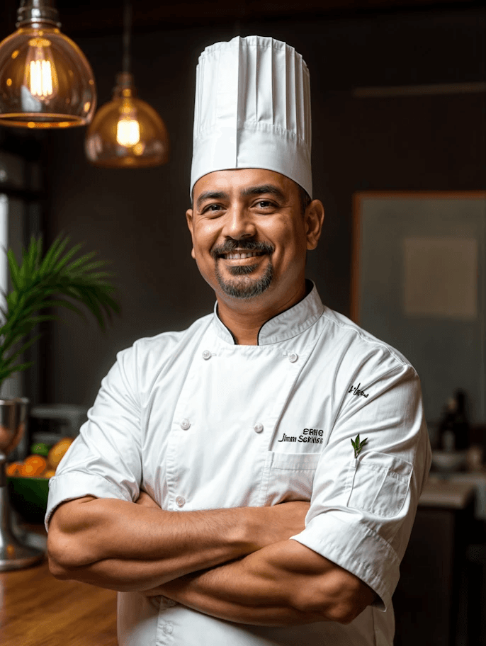 A professional chef, wearing a white chef's coat and toque, stands with his arms crossed, smiling warmly at the camera, with warm pendant lights and a kitchen area blurred in the background.