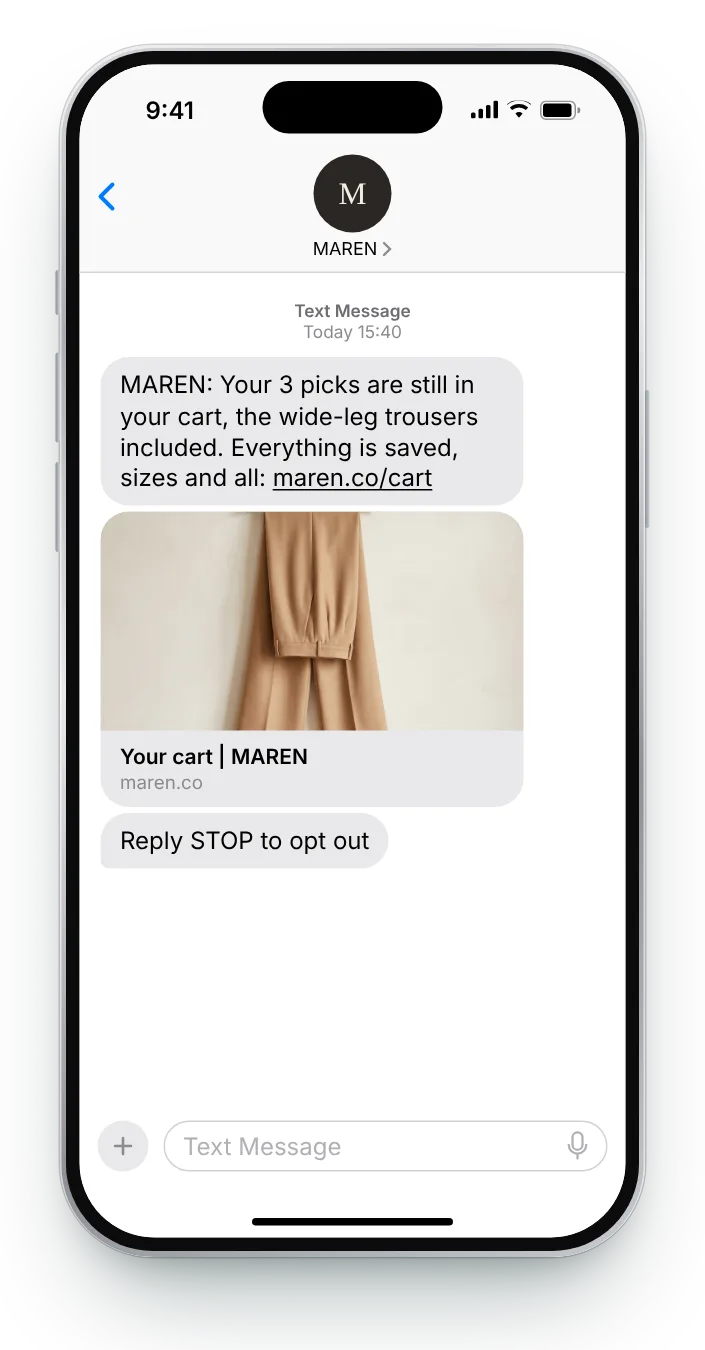 A cart with several items abandoned cart SMS on an iPhone