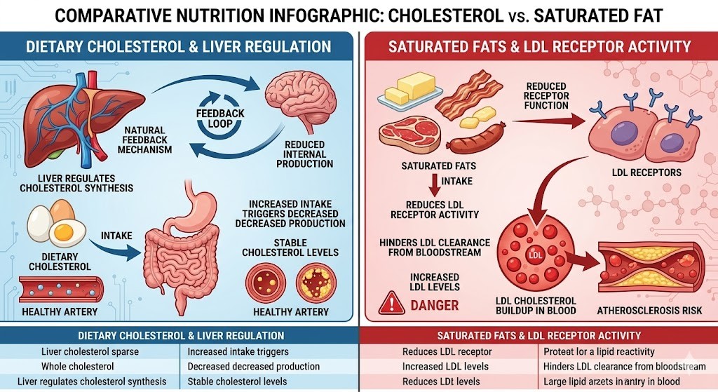 A medical comparison infographic. The left panel, coded in blue, illustrates how the liver regulates dietary cholesterol through natural feedback mechanisms, shown with eggs, healthy arteries, and a feedback loop to the brain. The right panel, coded in red, details how saturated fats reduce LDL receptor activity, shown with butter, fatty meats, and LDL cholesterol buildup in a blocked artery, labeled as danger and atherosclerosis risk. A data table summarizes the comparison.