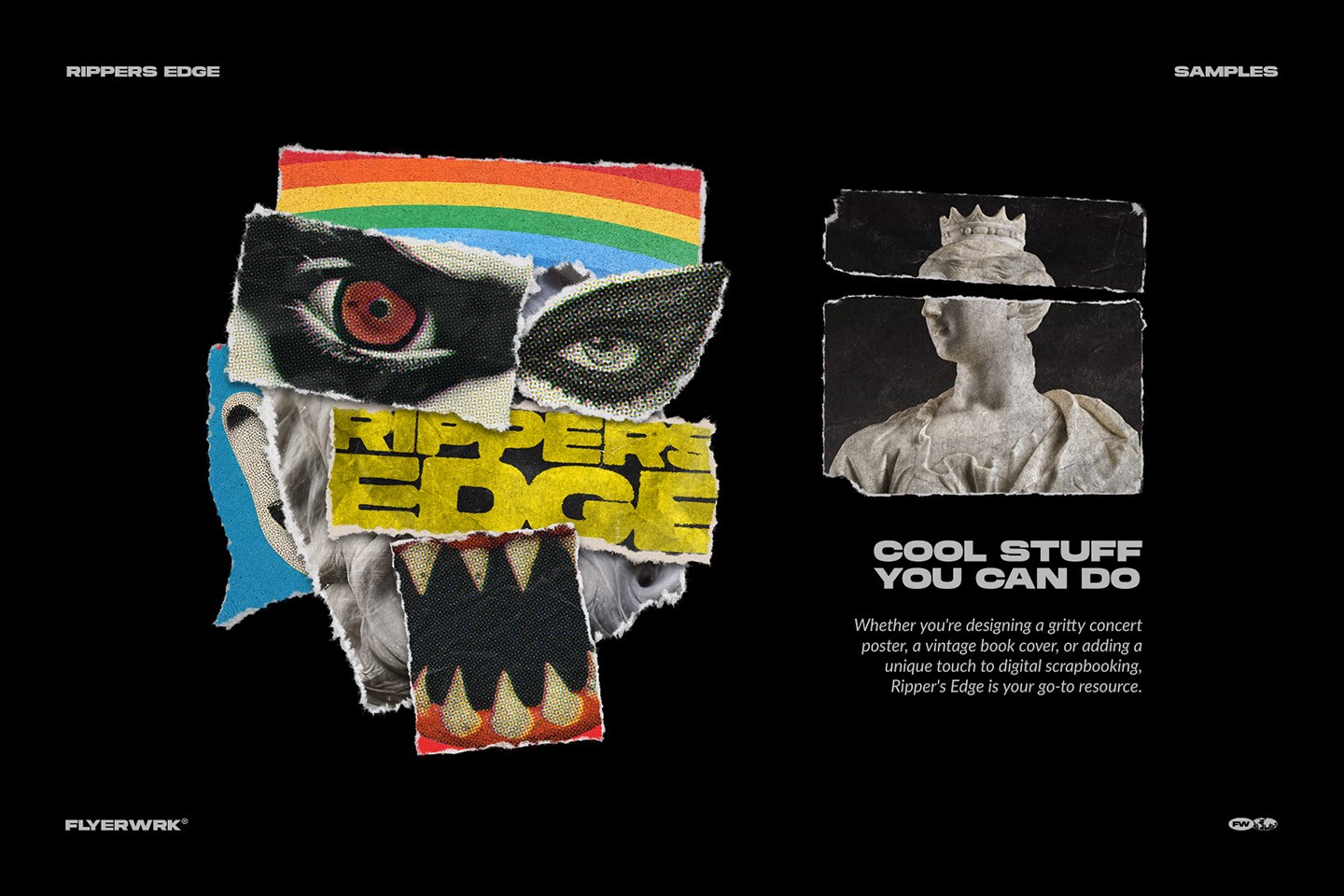 Creative digital collage examples using torn paper brushes to create edgy and artistic ripped paper layouts